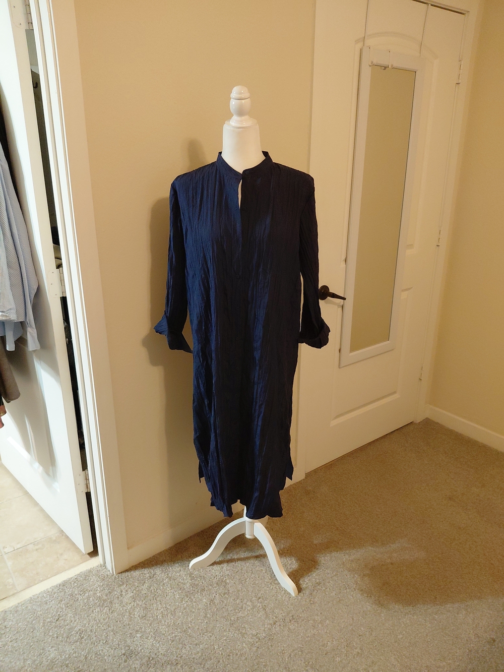NWT Eileen Fisher Crushed Silk Band Collar Long Shirt Dress Easy Fit Sz S Blue